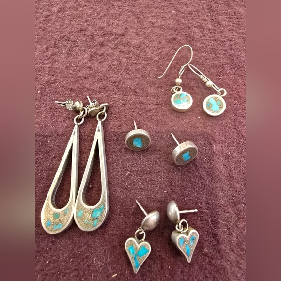 Sterling Silver Turquoise Chip Earrings Lot of 4 - Picture 1 of 15
